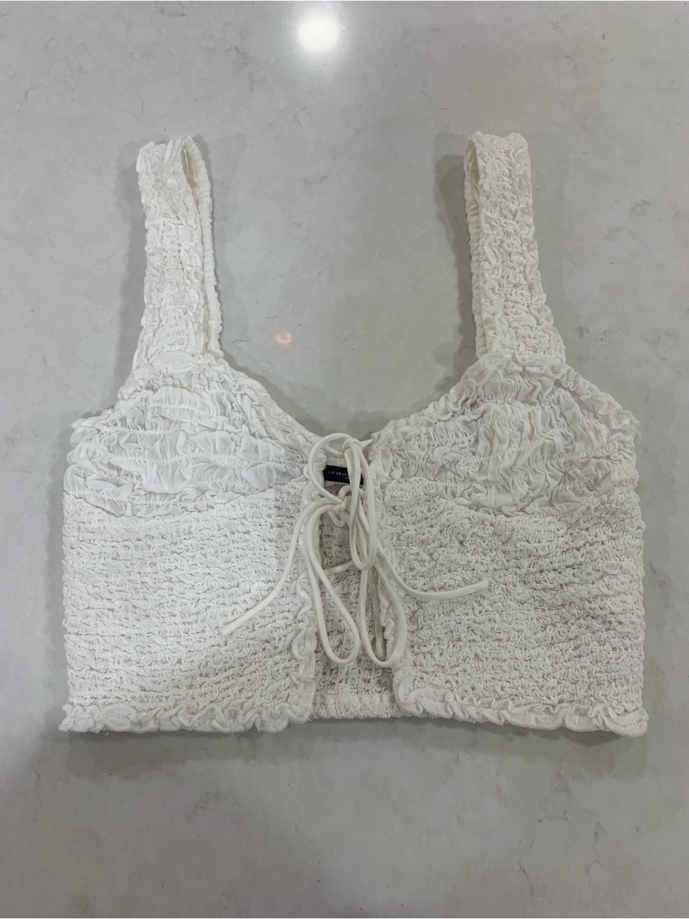 Zara Smocked Lace-Front Crop Tank Tie Front - White Size S